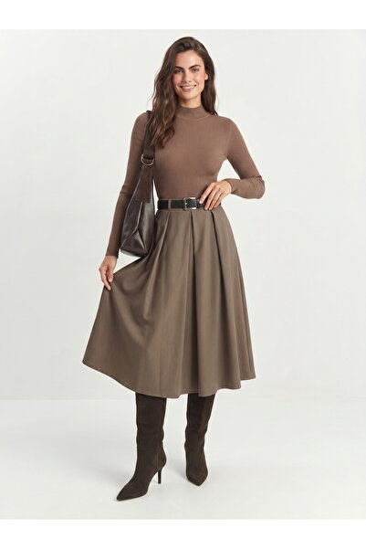 ONLOOX Milk Coffee Viscose Blended Fabric Midi Length Pleated Belt Detailed W...