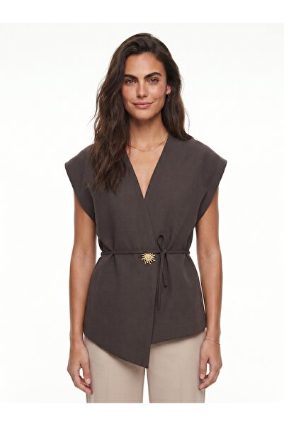 ONLOOX Brown Woven V-Neck Double-Breasted Oversize Form Metal Buttoned Belted...