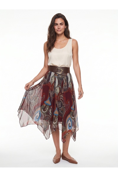 ONLOOX Burgundy Patterned Chiffon High Waist Asymmetrical Cut Wide Belt Detai...