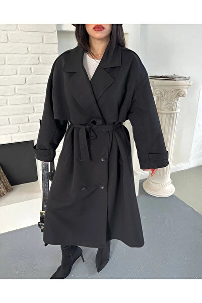 Ekim Store Buttoned Belted Maxi Trench Coat with Cape