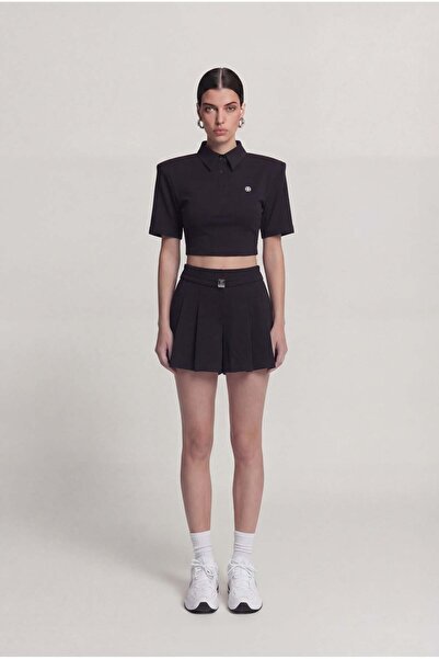 HOLLY LOLLY Pleated High Waist Belted Alexia Shorts Black