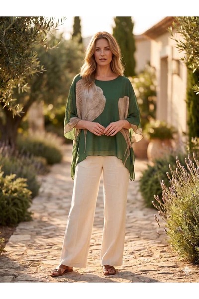 Punta Otantik NC16881 Bluză din mătase cu model scoici italienești, verde
