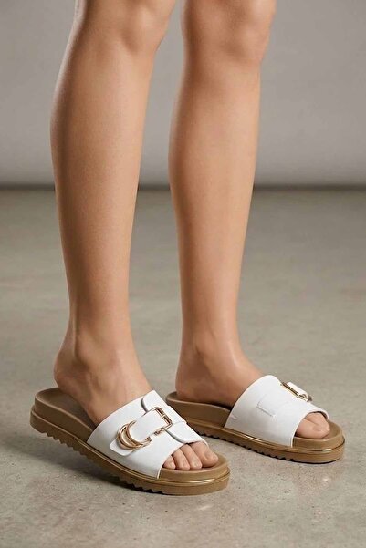 İnci Women's Slippers - White Daily Slippers with Gold Buckle and Thick Tan Sole