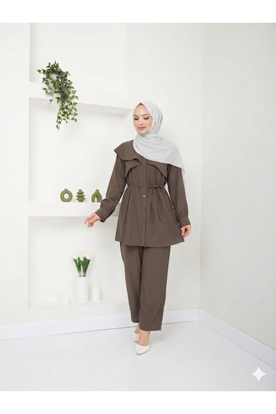 QUBERZ Women's Black Belted Casual Tunic Pants Hijab Set
