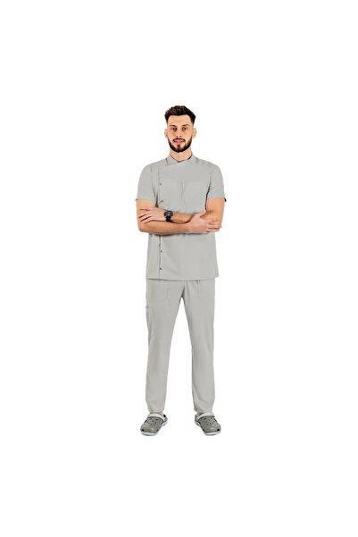 RUNI Uniforma bucatar tip tunica gri, cu maneca scurta, material elastic