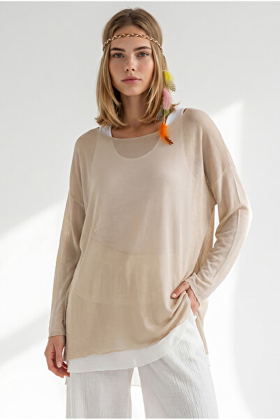 Olalook Women's Beige Boho Necklace 2-Piece Loose Fit Blouse Blz-19003385