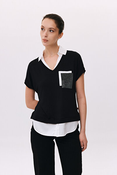 DAIDO Women's Polo Collar Double Fabric Blouse 6223 Black