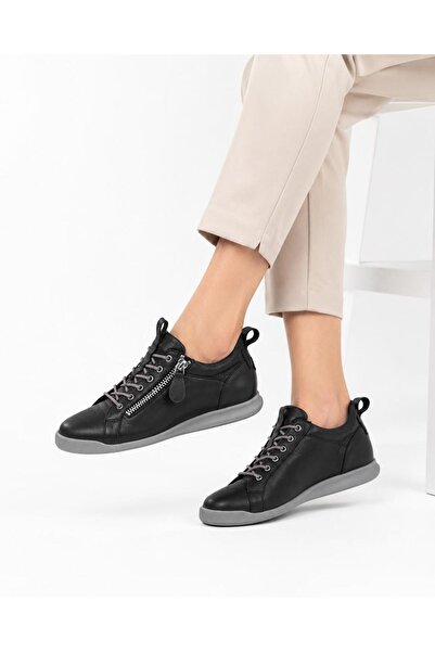 PAPUCUMUN DÜNYASI Women's Genuine Leather Casual Sneaker with Side Zipper Detail