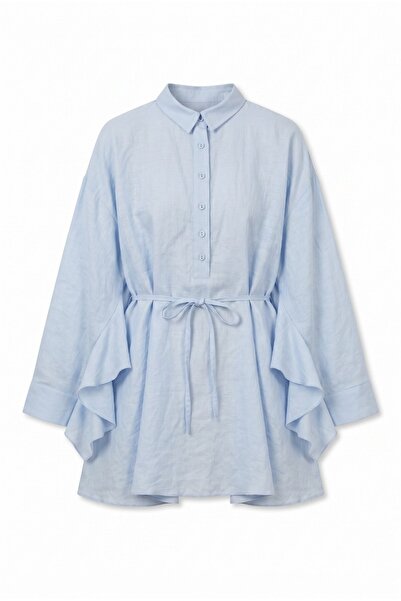 Modamorfo Buttoned Belted Bat Sleeve Flounce Oversize Modal Tunic - Baby Blue