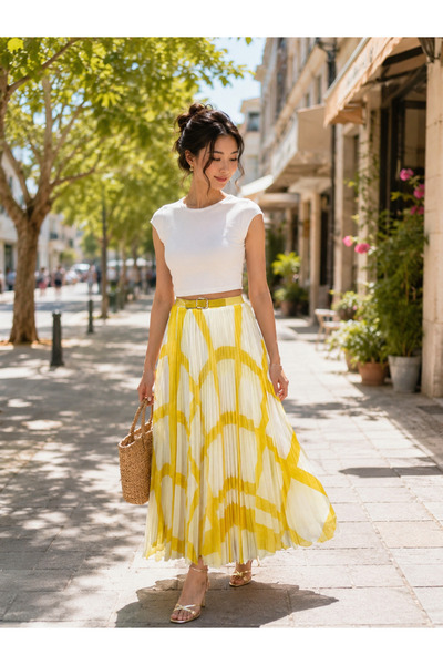 ARİF AKKAYA Summer Geometric Patterned Pleated Skirt with Belt Detail
