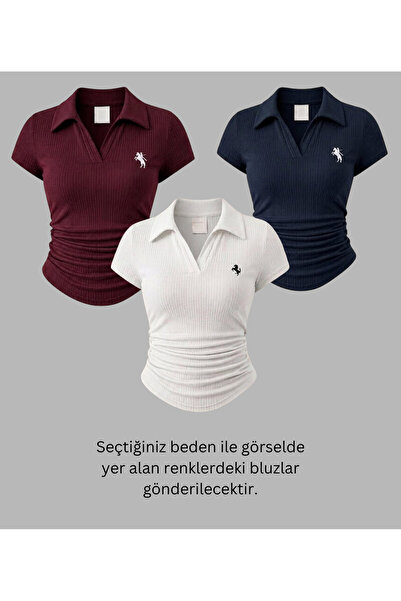 Gofeel Kadın 3 Lü Vintage Polo Yaka Fitilli Likralı Bluz