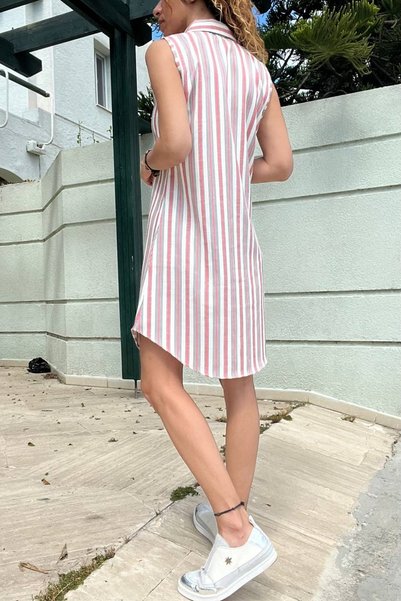 Pasaklı Giyim Women's Dusty Rose Vertical Striped, Sleeveless, Relaxed Fit, Cotton Midi Short Shirt Dress 3583286