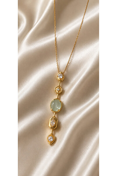 Sylvera Shop Selene Yeşil Taşlı Çelik Y Kolye (Gold Renk)