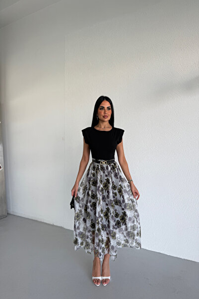 LİLA İSTANBUL Women's Belt Detailed Floral Patterned Invitation Dress