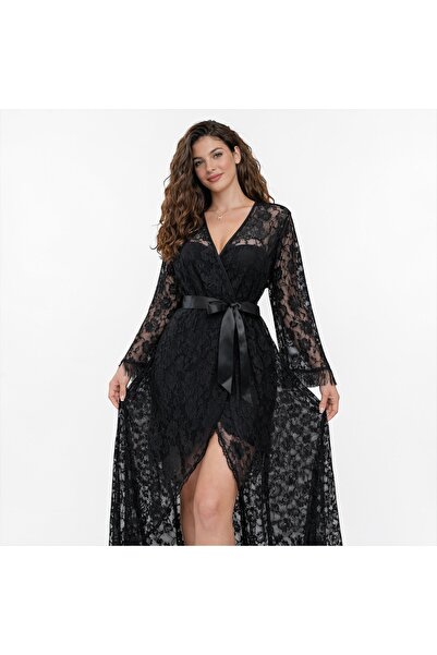 VELVIA Lace Robe with a Soft Satin Belt and Floral Pattern