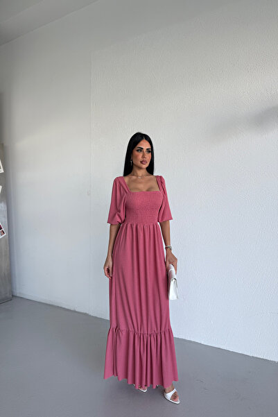LİLA İSTANBUL Women's Square Neck Balloon Sleeve Maxi Dress