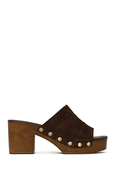 Derimod Women's Brown Thick Heeled Suede Leather Slippers 26Sfd152310