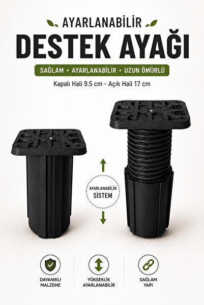 NZB Siyah Ayarlanabilir Kare Başlı Destek Ayağı 9.5x17 CM Sert Plastik Mobily...