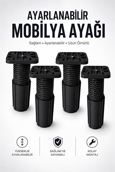 NZB 4 ADET Siyah Ayarlanabilir Kare Başlı Destek Ayağı 9.5x17 CM Sert Plastik...