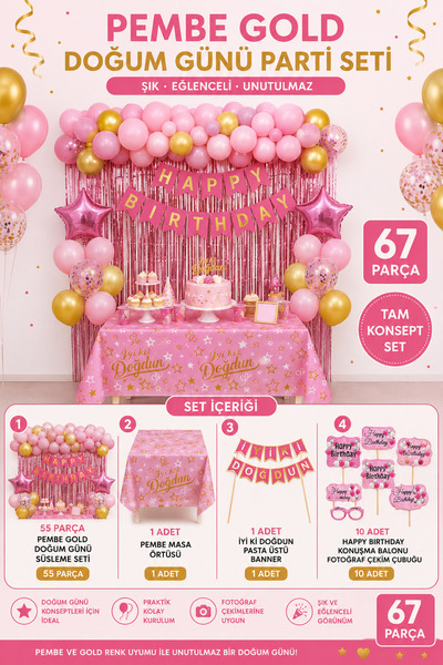 Dizayn Parti Evi 67 Parça Pembe Gold Doğum Günü Parti Seti Masa Örtüsü Happy ...