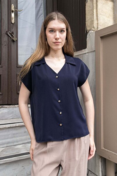 Jument Women's Crepe Fabric Off-Shoulder Collared V-Neck Short Sleeve Shirt-N...