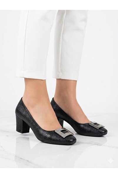Lütfi Women's Black Thick Heel Comfortable Fit Heeled Shoes