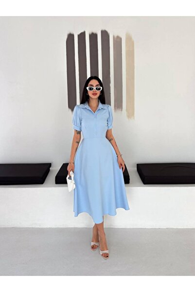 BLUSS Women's Balloon Sleeve Belted Flared Midi Dress