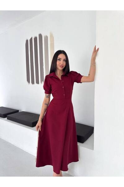 BLUSS Γυναικείο φόρεμα μίντι με μανίκια μπαλόνι και ζώνη