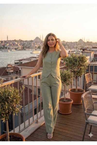 DİMA KADIN KETEN YELEKKLİ PAZAZO PANTOLONLU TAKIM ELBİSE