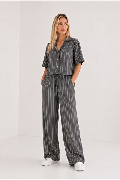 Asena Mila Gray Striped Linen Pants Set
