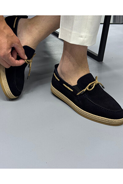Avni Ceylan Men's Straw Sole Lace Detailed Espadrille Model Suede Loafer Shoes