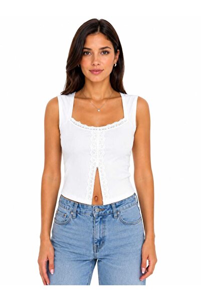 Biber Collection Kadın Kare Yaka Önü Dantelli Yırtmaç Detaylı Crop