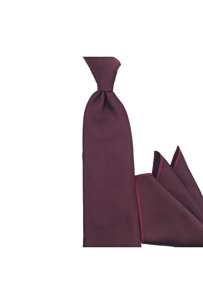 Sade Kravat Bordo Düz Sade Fitilli Dokuma Mendilli Kravat 32370 Bordo