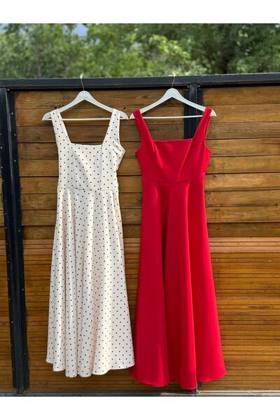 RUZ STUDIOS Red Thick Straps Square Neck Tie Back Maxi Dress