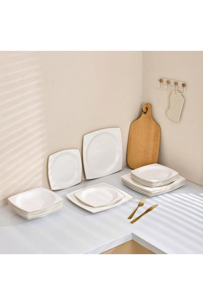 Malooki 18-piece Quadro porcelain dinner set, white with gold trim, square de...