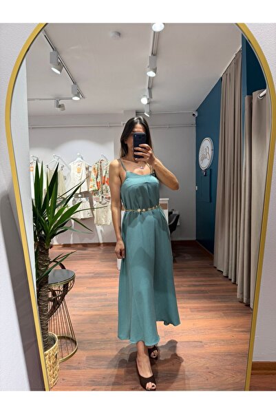 MODA Mint Yeşili İnce Askılı Salaş Midi Elbise
