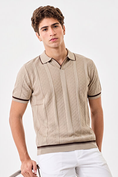Lysven Solea Polo V Yaka Düğmesiz Kısa Kollu Tok Kumaş Triko Erkek T-Shirt