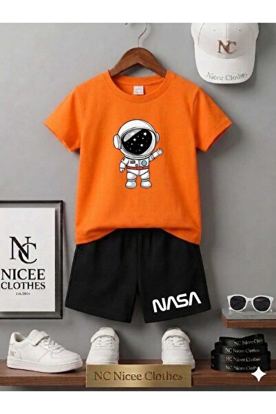NC Nicee Clothes تي شيرت صيفي للأطفال شورت للجنسين (طباعة رائد الفضاء ناسا)