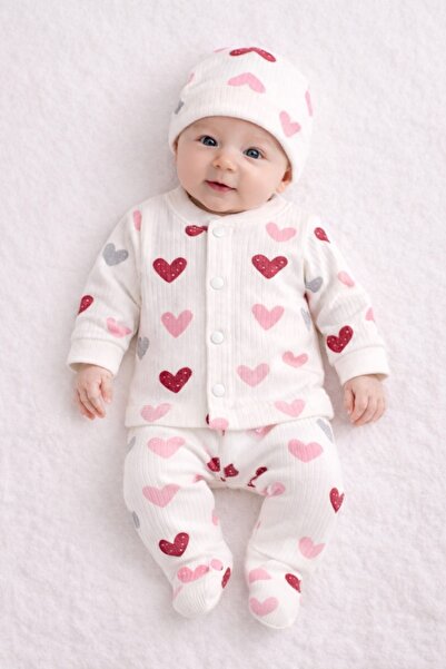 Pure Boutique 3-piece white Cotton baby set with hearts, blouse, pants and hat