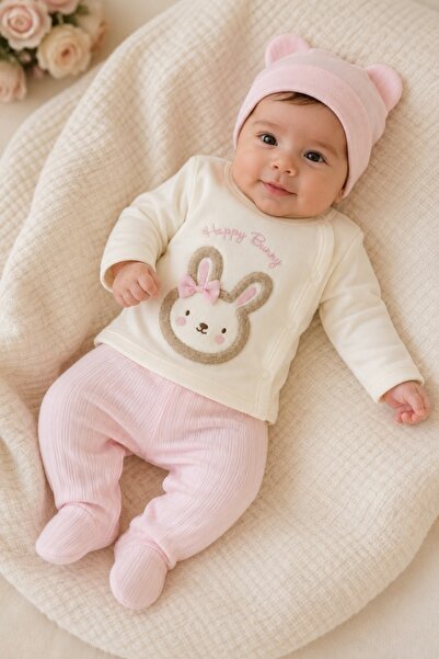 Pure Boutique Set bebe fetita 3 piese roz din bumbac cu bluza pantalon si cac...
