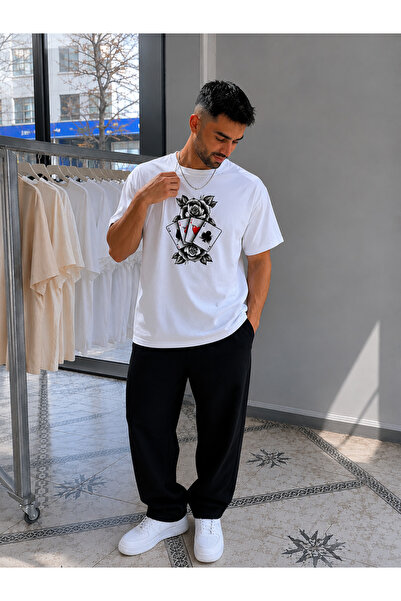 ENB1R MODA Unisex White Basic T-Shirt with Card and Rose Print