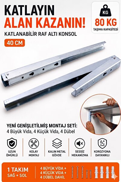 MEGAHOME STORE 40 CM Katlanabilir Raf Altı Konsol 80 KG Taşıma Kapasiteli Met...
