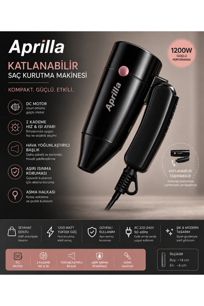 Aprilla Katlanabilir Mini Saç Kurutma Makinesi 1200W – Kompakt, Şık ve Güçlü ...