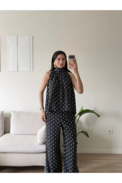 Zoom Butik Halter Yaka Puantiyeli Takım - SİYAH