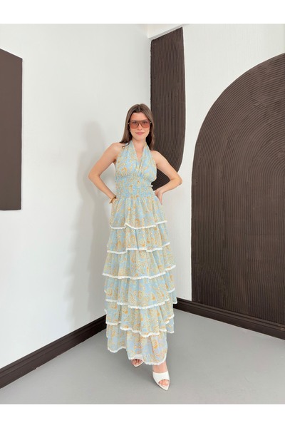 Ekim Store Rochie florală stratificată cu guler halter