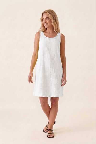 madam trend White 100% Cotton Muslin Fabric Pocketed Knee-Length Women's Dres...