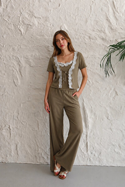 URİS Women's Khaki Lace Detailed Short Sleeve Blouse Lined Trousers Loose Dou...