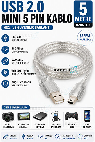 Rabelix Online Marketing 5 Metre USB 2.0 Mini USB 5 Pin Kablo Kamera Navigasy...