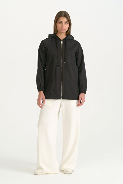 Nihan Sports Cotton Trench Coat with Zipper and Accessory Detail - Black