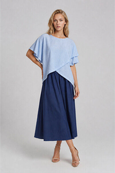 Spazio Asimetrik Kesim Kat Detaylı Oversize Bluz MAVİ